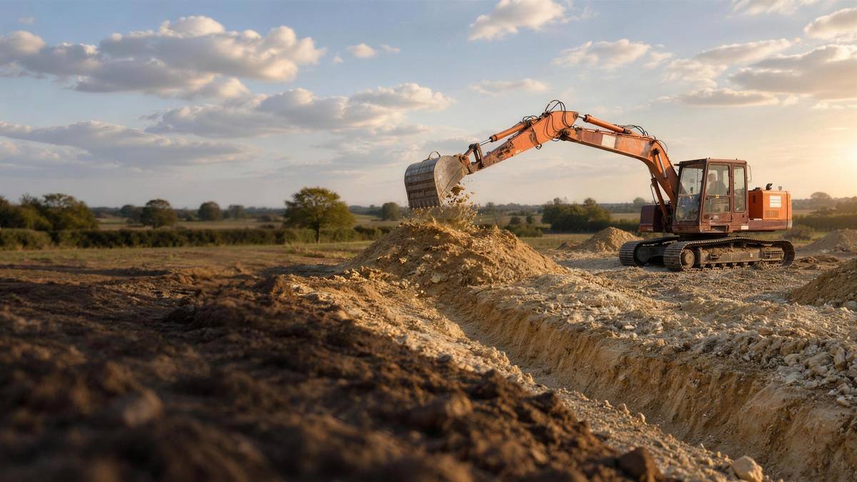 Pelle hydraulique orange de l'entreprise creusant une tranchée sur un chantier de terrassement en Vendée